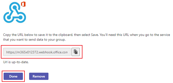 Show the created webhook url at Teams.